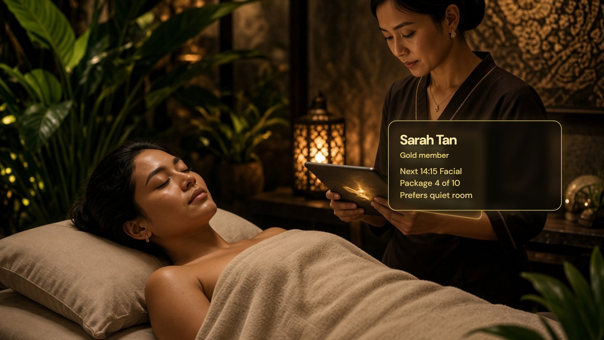 Sarah Tan, Gold member, next facial 14:15, package 4 of 10.