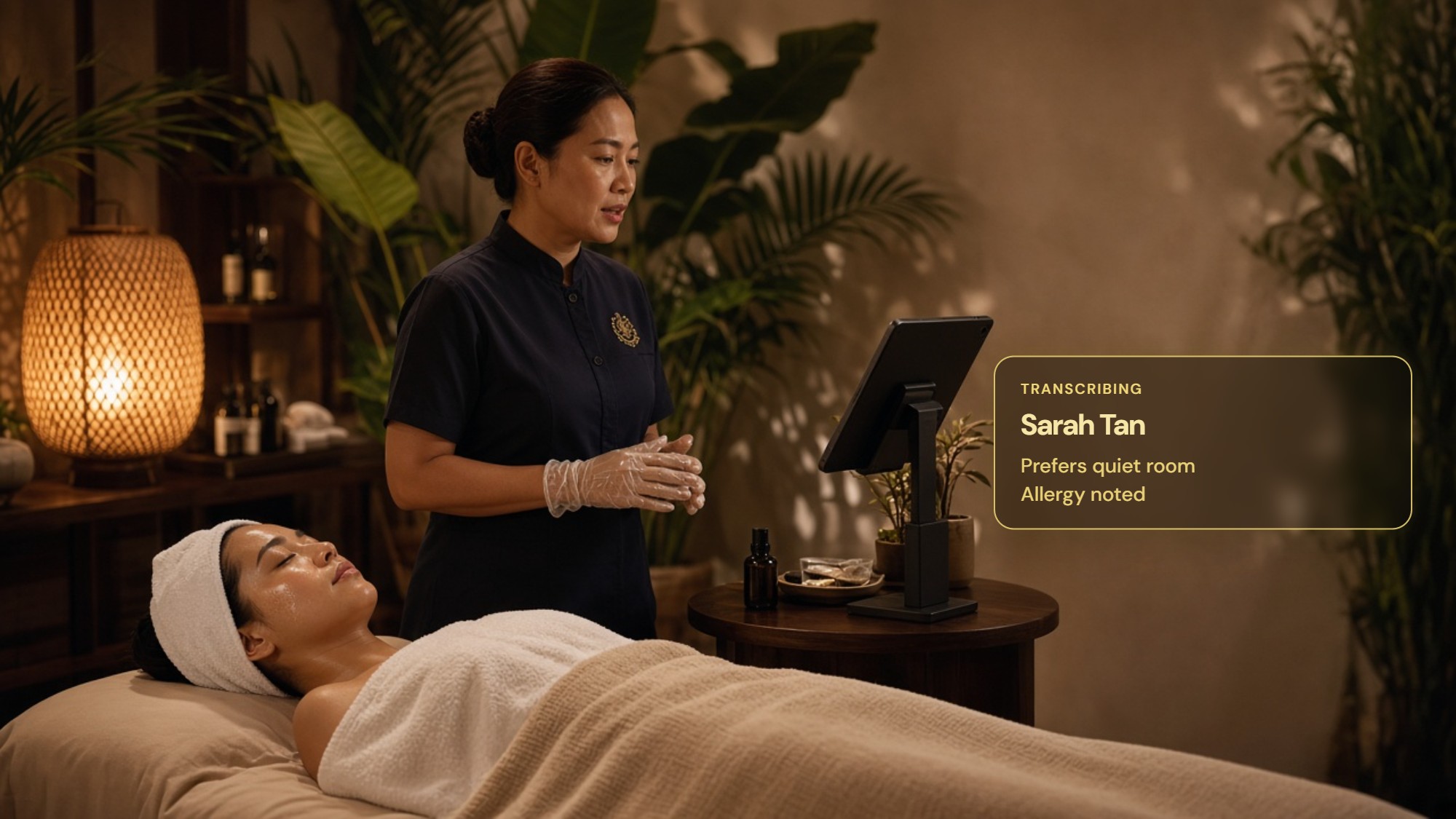 Therapist in gloves speaking to an iPad after treatment; the remark is transcribed onto Sarah Tan's profile.